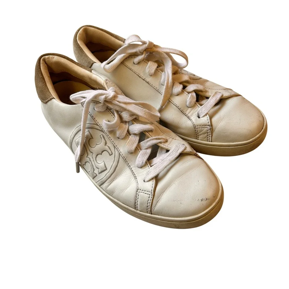Tory Burch Howell Court Sneakers‎ Size 8 White Leather Double T Logo